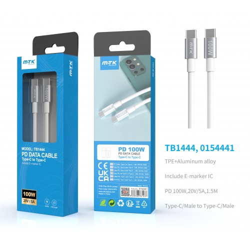 TB1444 METAL 100W SUPER CHARGING TYPE-C TO TYPE-C CABLE FOR MAC AND LAPTOPS, E-MARKER IC, 1.5M, WHITE